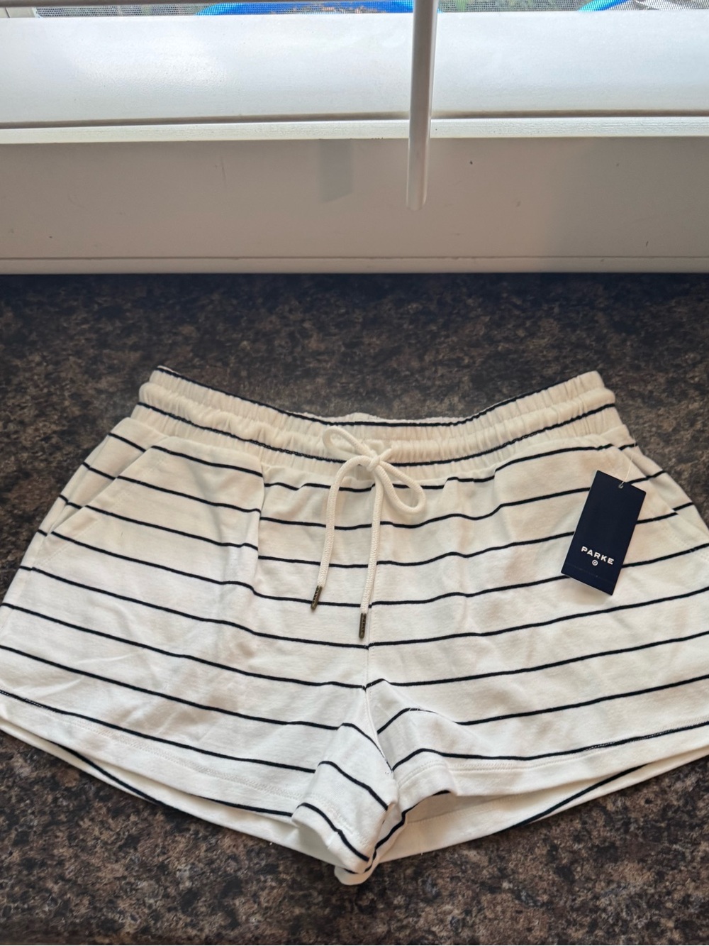 Parke x Target Women’s High Rise Drawstring Knit PullOn Shorts Navy Blue Striped